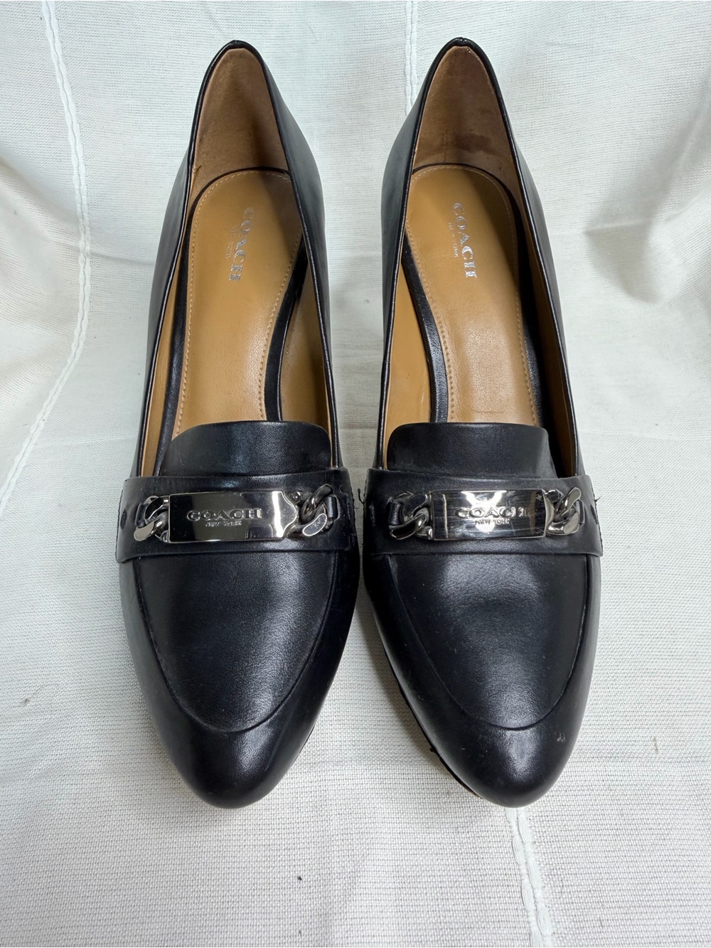 Coach Black Leather Chain-Trim Loafers with Silver Plaque